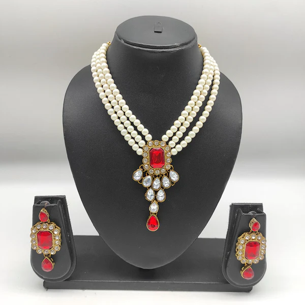 Pearl necklace with Red pendent & earrings set (code 161)