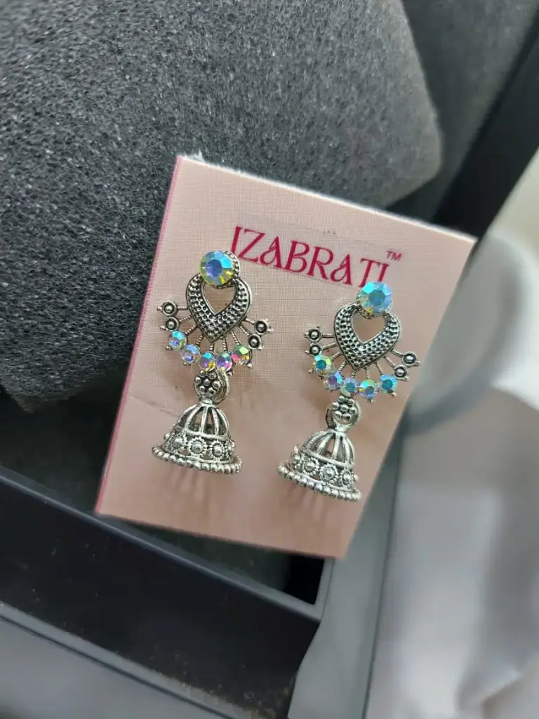 Oxidised finish Jumka with rainbow shining stones (code 224)