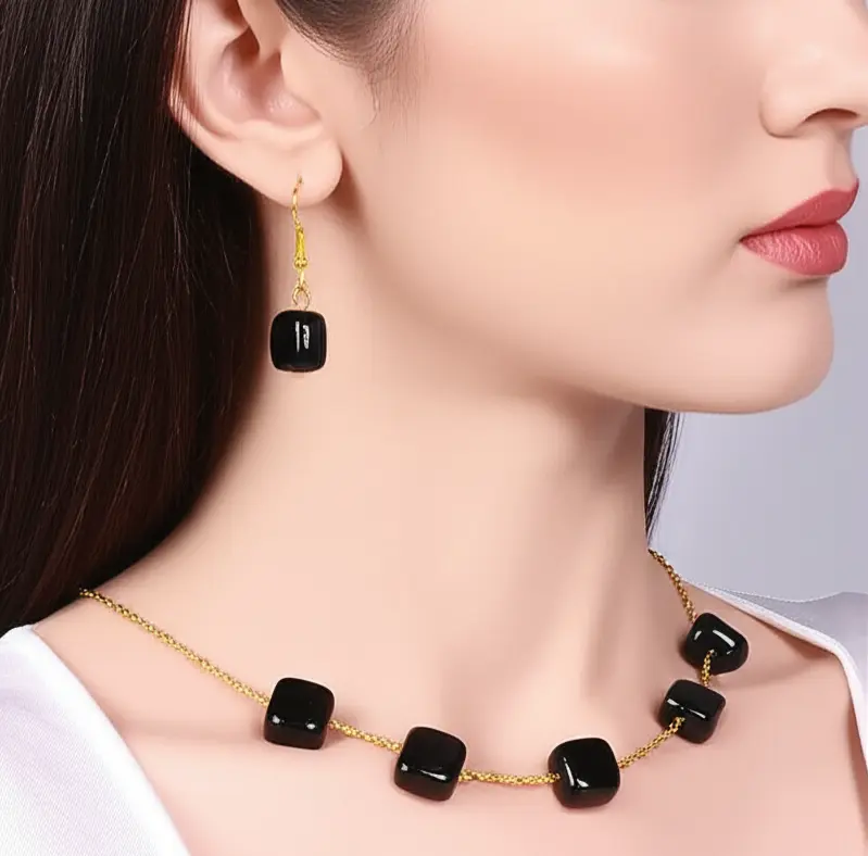 Black square stone necklace earrings set (code 234)