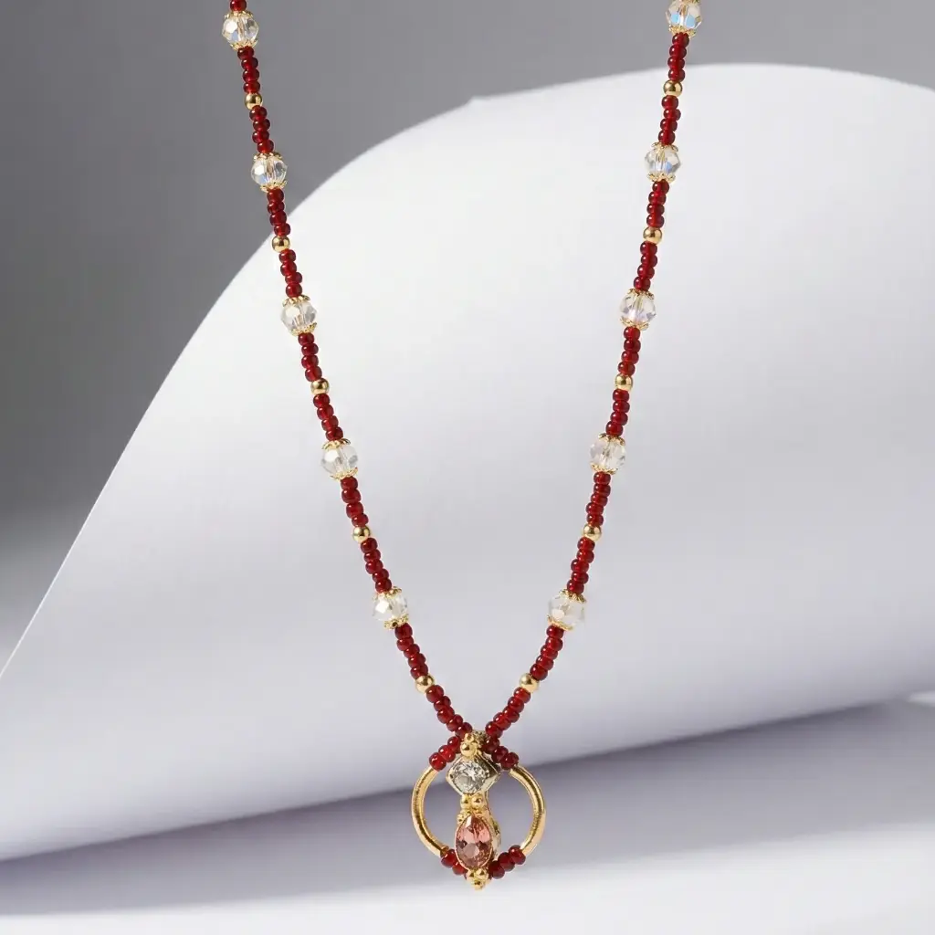 Maroon Bead & Crystal Delicate Necklace (Code 294)
