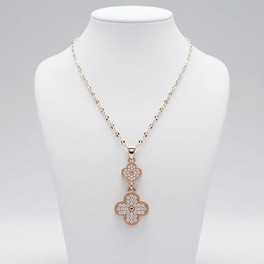 Rose Gold Double Clover Pave Necklace (code 427)