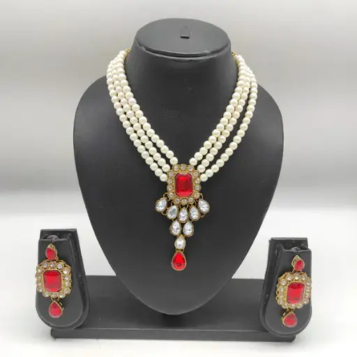 Pearl necklace with Red pendent & earrings set (code 161)
